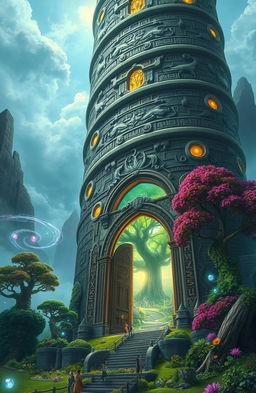 A magnificent and towering structure that looks like a massive castle, spiraling upwards into the clouds