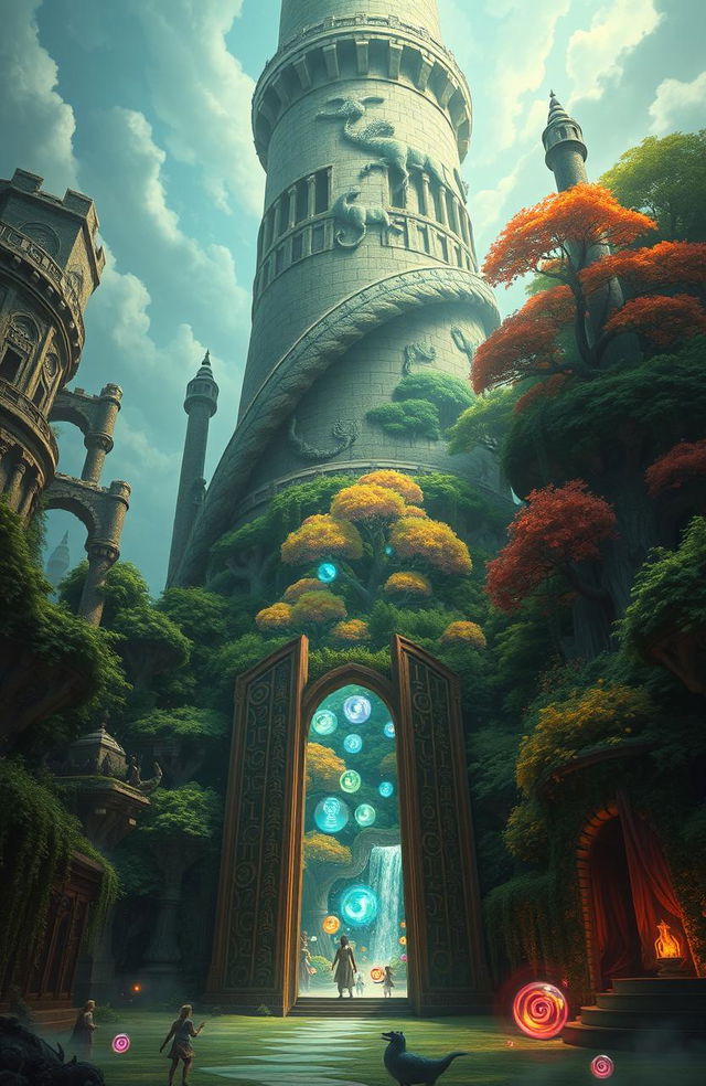A magnificent and towering structure that looks like a massive castle, spiraling upwards into the clouds