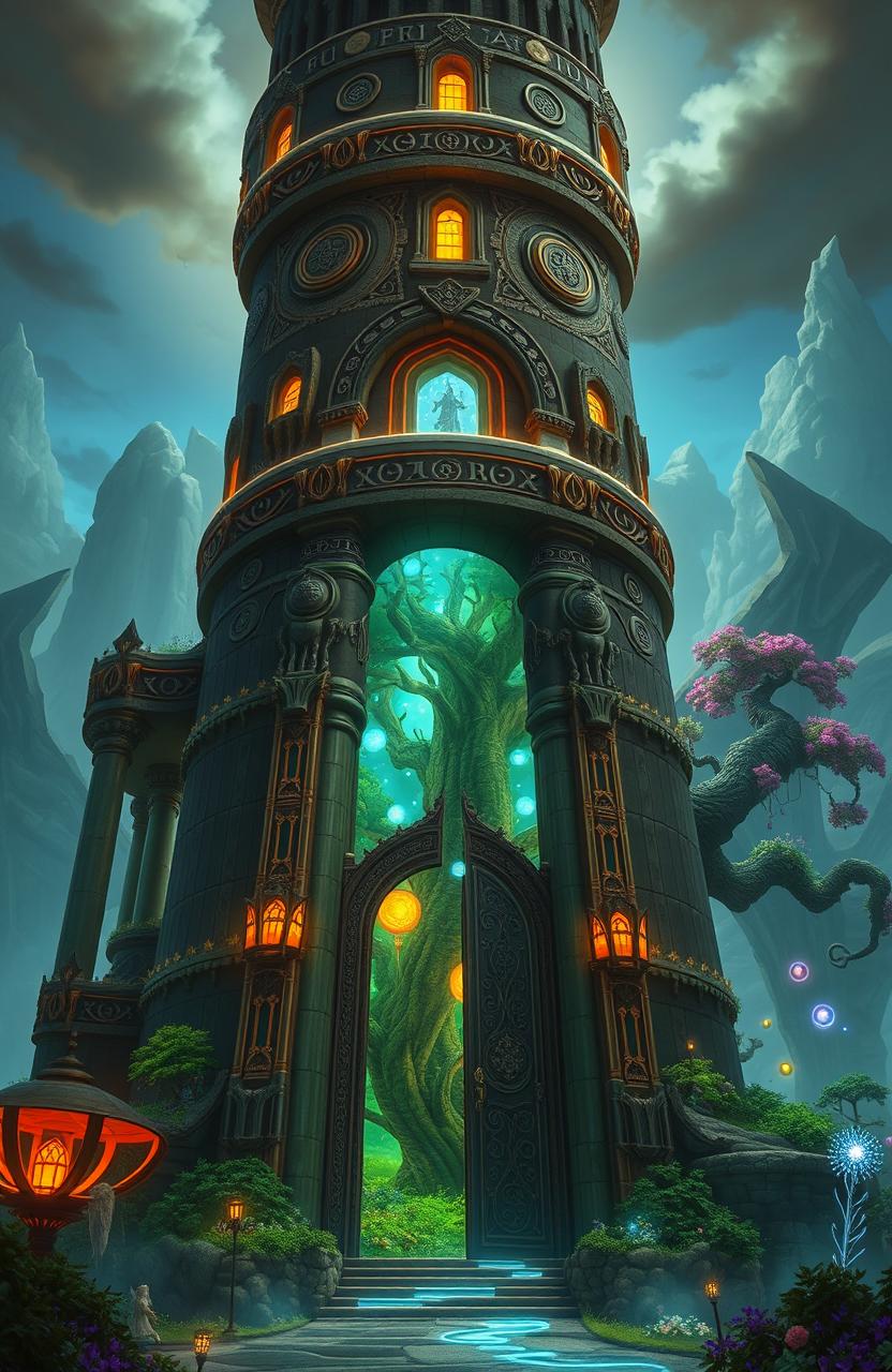 A magnificent and towering structure that looks like a massive castle, spiraling upwards into the clouds
