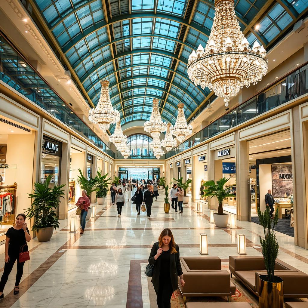 A luxurious indoor mall filled with high-end shops and boutiques