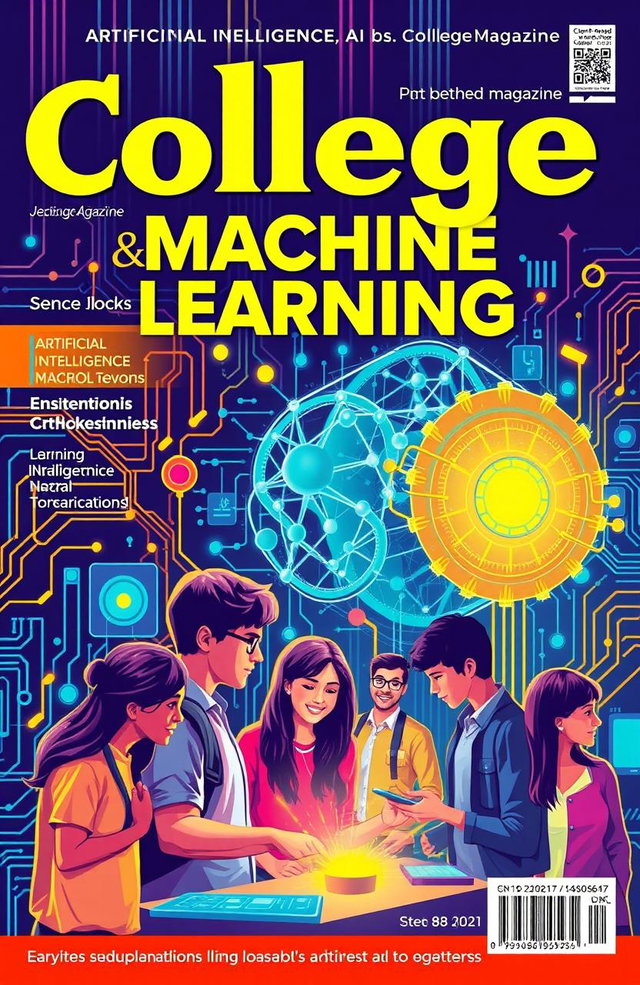 A vibrant college magazine cover dedicated to artificial intelligence and machine learning, featuring bold and colorful graphics of neural networks and machine learning algorithms, showcasing a diverse group of students engaged in collaborative projects