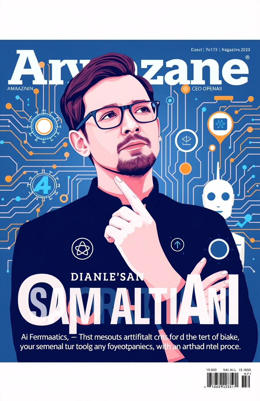 A vibrant and modern magazine cover dedicated to artificial intelligence and machine learning, featuring a stylized portrait of Sam Altman, the CEO of OpenAI