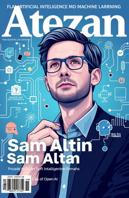 A vibrant and modern magazine cover dedicated to artificial intelligence and machine learning, featuring a stylized portrait of Sam Altman, the CEO of OpenAI