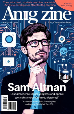 A vibrant and modern magazine cover dedicated to artificial intelligence and machine learning, featuring a stylized portrait of Sam Altman, the CEO of OpenAI