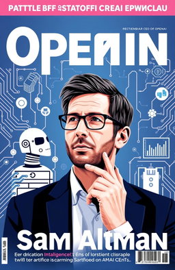 A vibrant and modern magazine cover dedicated to artificial intelligence and machine learning, featuring a stylized portrait of Sam Altman, the CEO of OpenAI