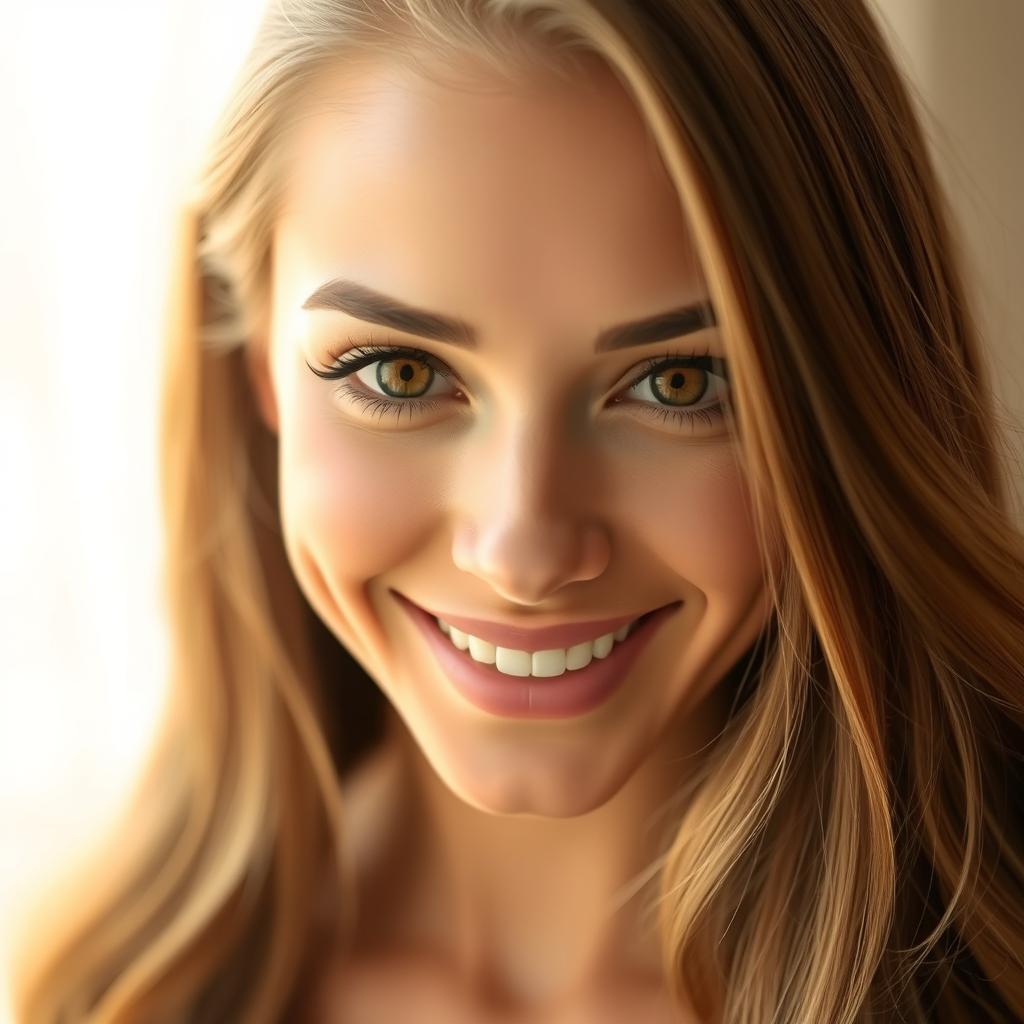 A close-up of a beautiful woman with long, flowing hair, smiling gently, and with her eyes wide open, expressing joy and warmth