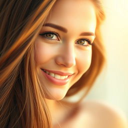 A close-up of a beautiful woman with long, flowing hair, smiling gently, and with her eyes wide open, expressing joy and warmth