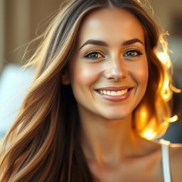 A close-up of a beautiful woman with long, flowing hair, smiling gently, and with her eyes wide open, expressing joy and warmth