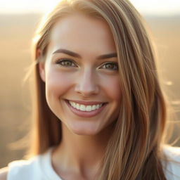A close-up of a beautiful woman with long, flowing hair, smiling gently, and with her eyes wide open, expressing joy and warmth