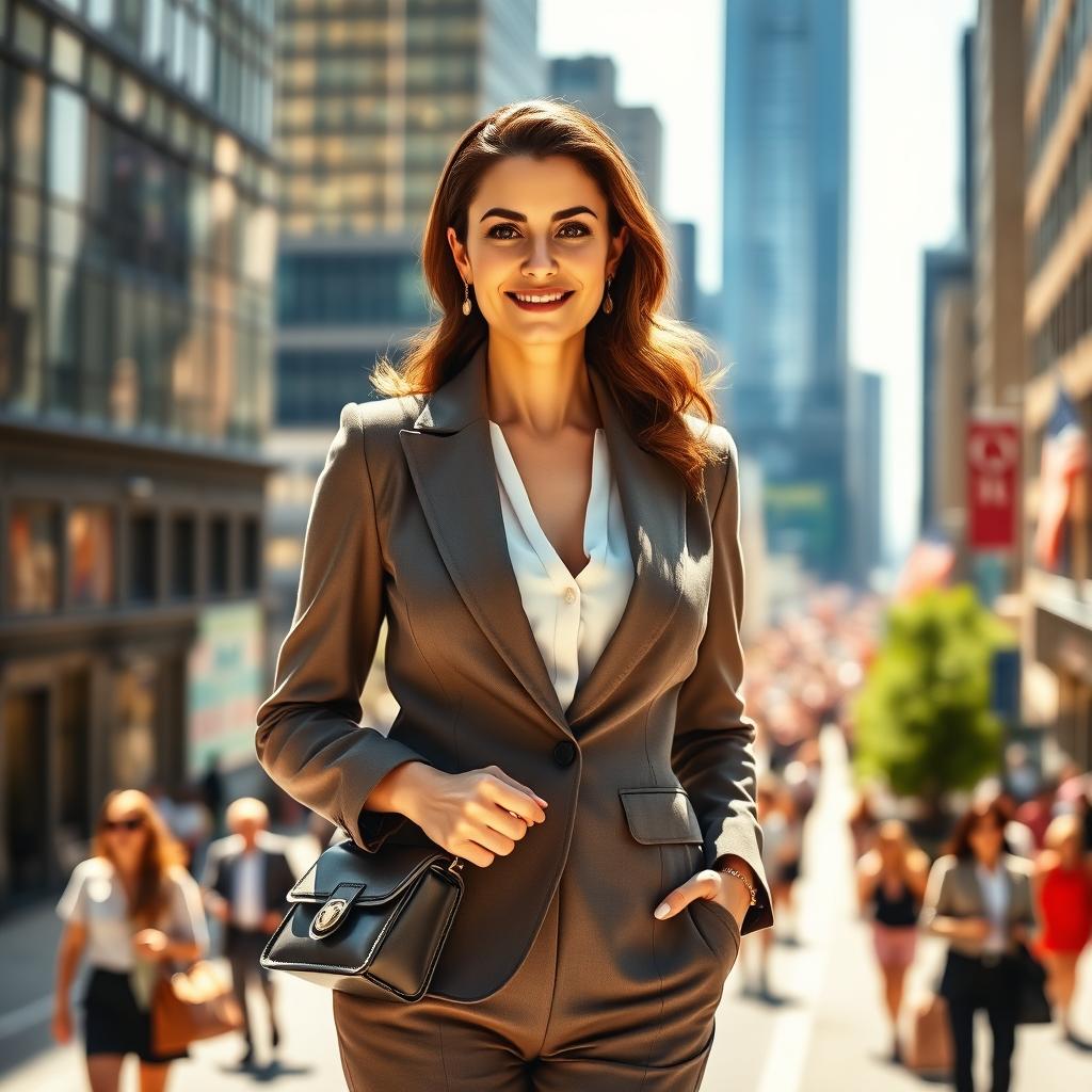 A confident adult woman dressed in an elegant formal outfit, featuring a tailored blazer and sleek trousers, standing in a vibrant cityscape