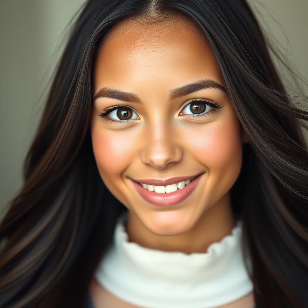 A close-up portrait of a beautiful young woman with a cleft lip and palate, showcasing her unique facial features in a positive light