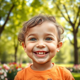 A close-up portrait of a child with a cleft lip and palate, showcasing a bright smile filled with joy