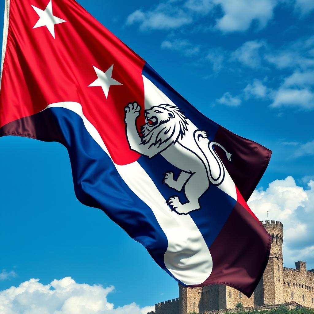 A modern medieval style interpretation of the Cuban flag, featuring vibrant colors and intricate designs
