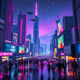 An expansive, futuristic cityscape at night, illuminated by vibrant neon lights in shades of pink, blue, and purple, featuring towering skyscrapers with dynamic architecture, flying cars zipping through the air, and bustling streets below filled with diverse, stylishly dressed people