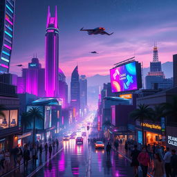An expansive, futuristic cityscape at night, illuminated by vibrant neon lights in shades of pink, blue, and purple, featuring towering skyscrapers with dynamic architecture, flying cars zipping through the air, and bustling streets below filled with diverse, stylishly dressed people