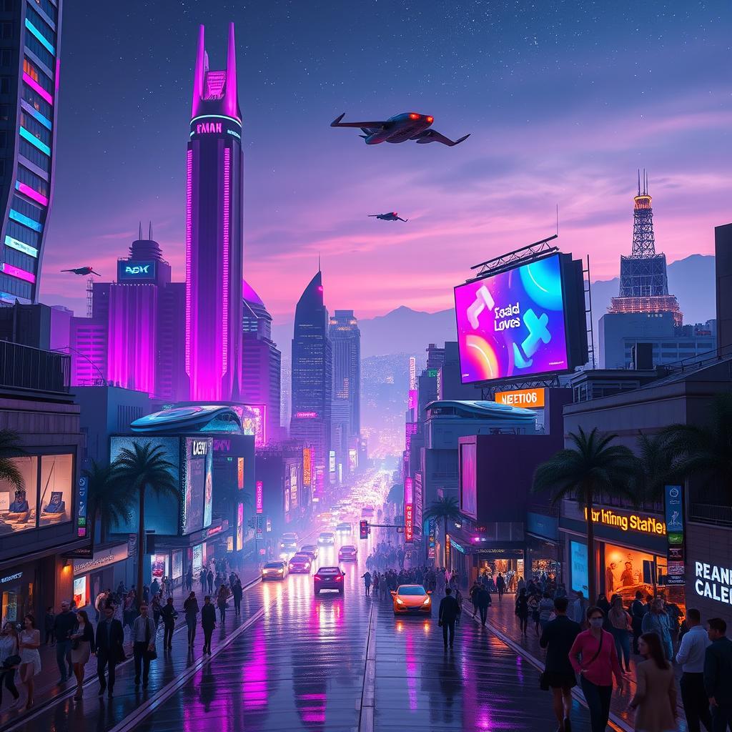 An expansive, futuristic cityscape at night, illuminated by vibrant neon lights in shades of pink, blue, and purple, featuring towering skyscrapers with dynamic architecture, flying cars zipping through the air, and bustling streets below filled with diverse, stylishly dressed people