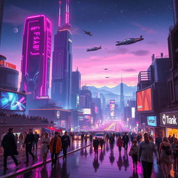 An expansive, futuristic cityscape at night, illuminated by vibrant neon lights in shades of pink, blue, and purple, featuring towering skyscrapers with dynamic architecture, flying cars zipping through the air, and bustling streets below filled with diverse, stylishly dressed people