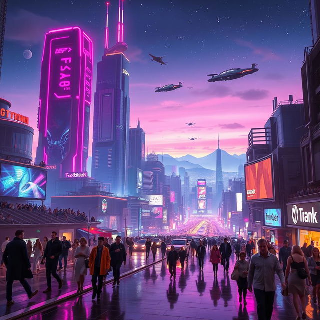 An expansive, futuristic cityscape at night, illuminated by vibrant neon lights in shades of pink, blue, and purple, featuring towering skyscrapers with dynamic architecture, flying cars zipping through the air, and bustling streets below filled with diverse, stylishly dressed people