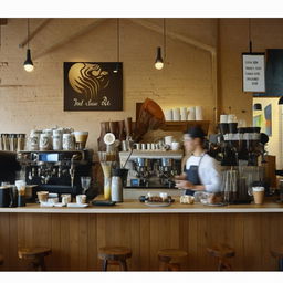 An aesthetically pleasing coffee bar with an array of coffee machines, drinks, baristas in action, and a warm, inviting atmosphere.