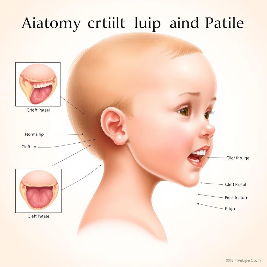 An educational illustration showing a detailed anatomy of a cleft lip and palate, highlighting the difference between normal and affected anatomy