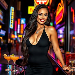A stunning, glamorous woman with long flowing hair, wearing a stylish, form-fitting black dress that accentuates her curves
