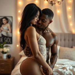 An intimate and passionate scene featuring a Japanese woman and a Black man, showcasing their connection and chemistry