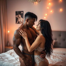 An intimate and passionate scene featuring a Japanese woman and a Black man, showcasing their connection and chemistry