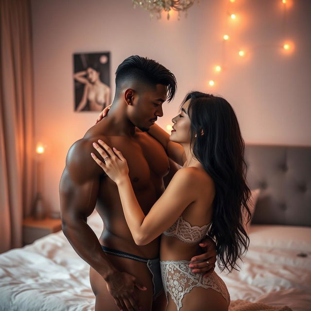 An intimate and passionate scene featuring a Japanese woman and a Black man, showcasing their connection and chemistry
