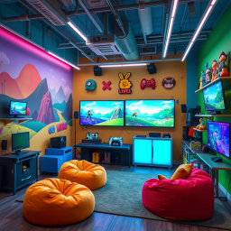 A vibrant and playful studio background named 'Fun Gaming Studio', filled with whimsical decor, bright colors, and gaming-themed elements
