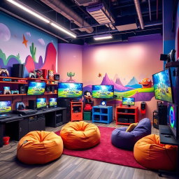 A vibrant and playful studio background named 'Fun Gaming Studio', filled with whimsical decor, bright colors, and gaming-themed elements