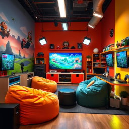 A vibrant and playful studio background named 'Fun Gaming Studio', filled with whimsical decor, bright colors, and gaming-themed elements