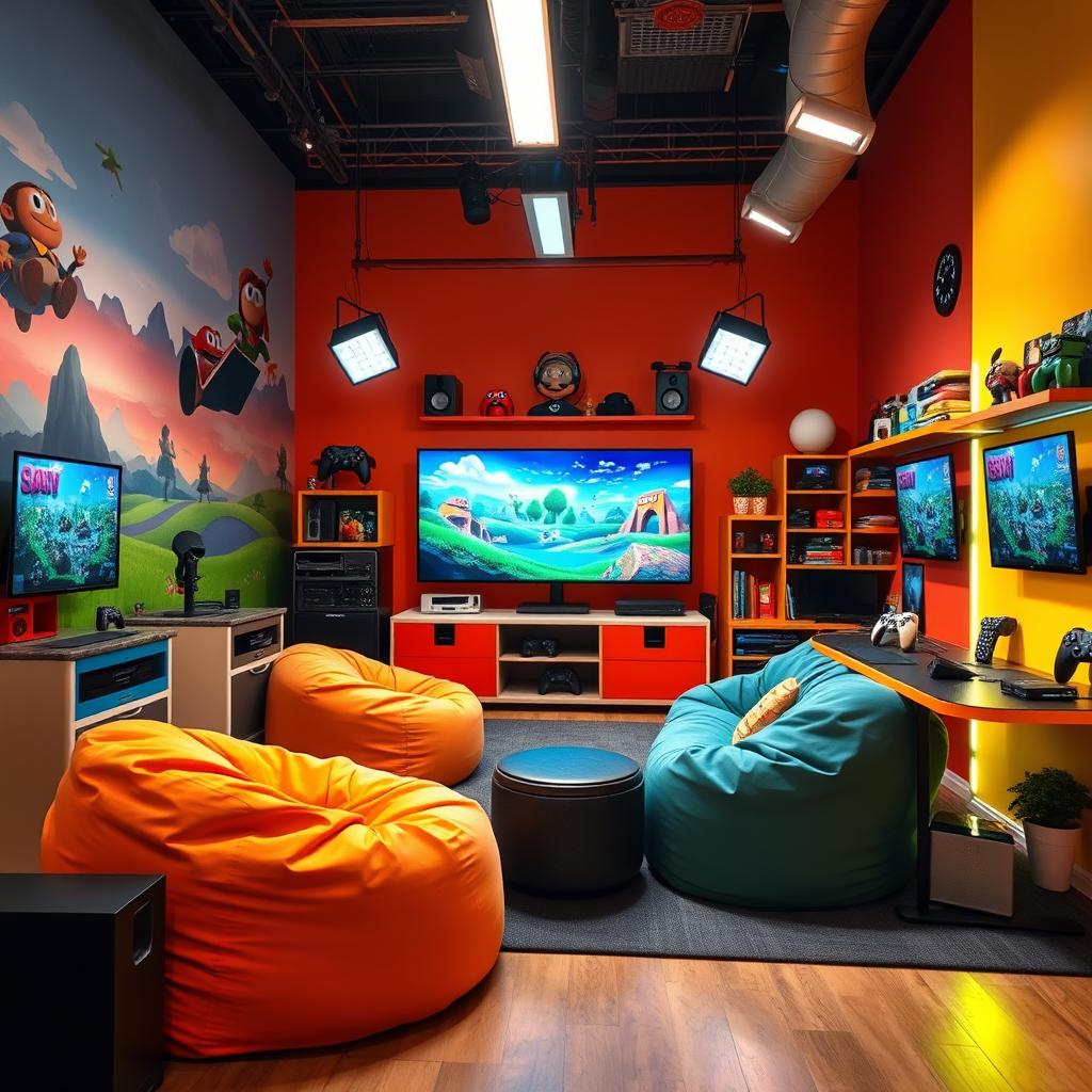 A vibrant and playful studio background named 'Fun Gaming Studio', filled with whimsical decor, bright colors, and gaming-themed elements