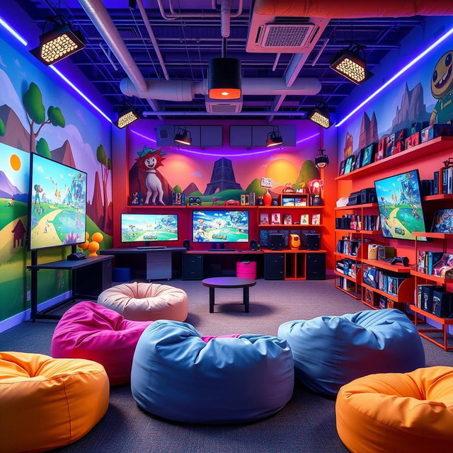 A vibrant and playful studio background named 'Fun Gaming Studio', filled with whimsical decor, bright colors, and gaming-themed elements