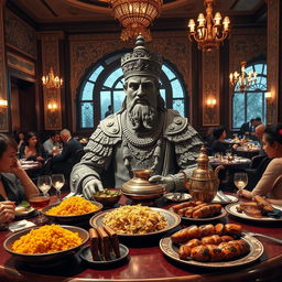 A majestic statue of Shapur I, the ancient Persian king, seated at a lavish dining table in an elegant restaurant