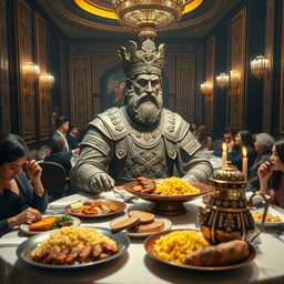 A majestic statue of Shapur I, the ancient Persian king, seated at a lavish dining table in an elegant restaurant