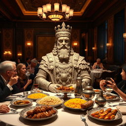 A majestic statue of Shapur I, the ancient Persian king, seated at a lavish dining table in an elegant restaurant
