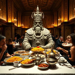 A majestic statue of Shapur I, the ancient Persian king, seated at a lavish dining table in an elegant restaurant