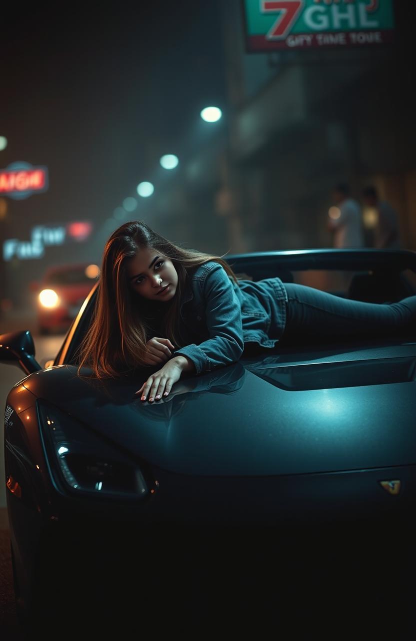 A dramatic scene depicting a teenage girl lying on a stylish sports car, with a moody atmosphere