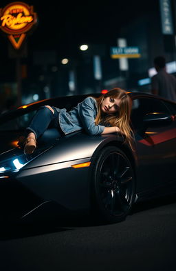 A dramatic scene depicting a teenage girl lying on a stylish sports car, with a moody atmosphere