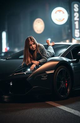 A dramatic scene depicting a teenage girl lying on a stylish sports car, with a moody atmosphere