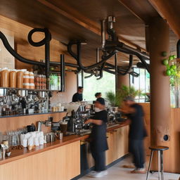 An aesthetically pleasing coffee bar with an array of coffee machines, drinks, baristas in action, and a warm, inviting atmosphere.