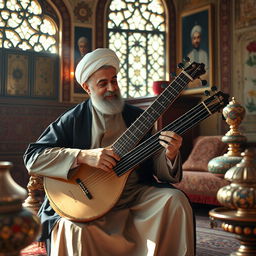 A charismatic scene depicting the leader of Iran skillfully playing a santur, a traditional Persian musical instrument