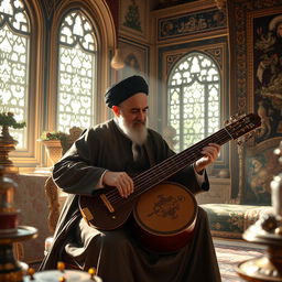 A charismatic scene depicting the leader of Iran skillfully playing a santur, a traditional Persian musical instrument