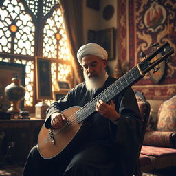 A charismatic scene depicting the leader of Iran skillfully playing a santur, a traditional Persian musical instrument