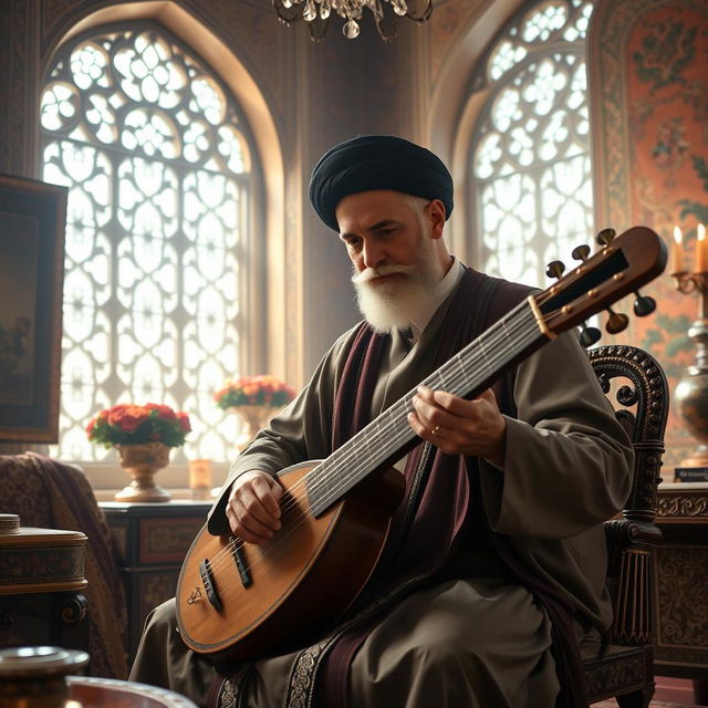 A charismatic scene depicting the leader of Iran skillfully playing a santur, a traditional Persian musical instrument