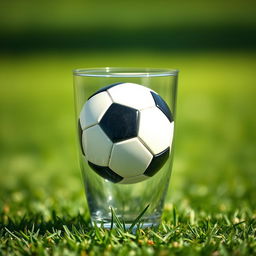 A creative and playful image of a football (soccer ball) placed inside a clear glass cup