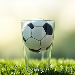A creative and playful image of a football (soccer ball) placed inside a clear glass cup