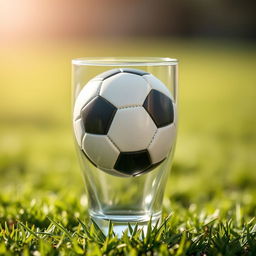 A creative and playful image of a football (soccer ball) placed inside a clear glass cup