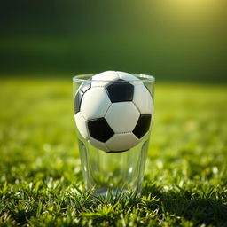 A creative and playful image of a football (soccer ball) placed inside a clear glass cup