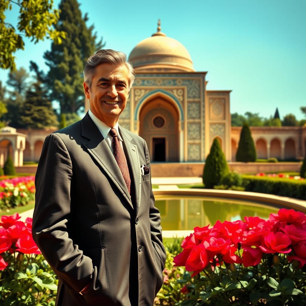 A historical representation of Mohammad Reza Shah, the last Shah of Iran, standing gracefully in the beautiful gardens of Hafezieh in Shiraz